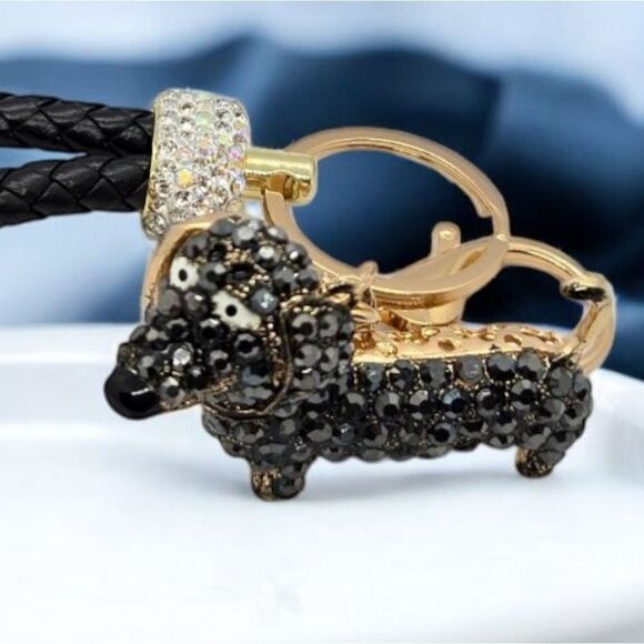 Glitzy Black Wiener Dog Bag Clip Keychain Dachshund Rhinestone Keyring Charm NEW - Picture 6 of 8